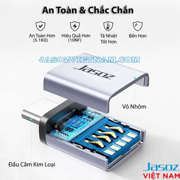 Đầu Chuyển USB 3.0 Sang Type C Male To Female Vỏ Nhôm Hỗ Trợ OTG Sạc Nhanh 18W Jasoz T-G160 ( Hỗ Trợ tai nghe USB-C ) 2 Cấu tạo bên trong đầu OTG USB-C sang USB 3.0 Jasoz T-G162 vỏ nhôm, chip bảo vệ 5.1kΩ, tụ lọc 10NF, tản nhiệt tốt và độ bền cao