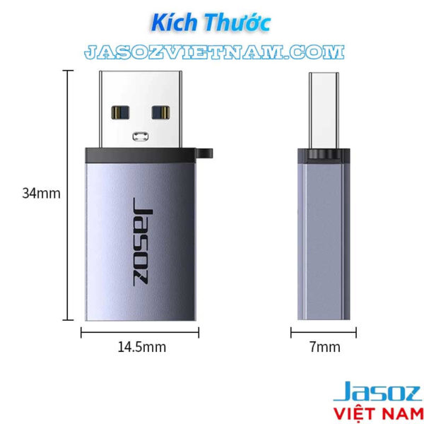 Đầu Chuyển USB 3.2 Gen 2 Sang USB Type C Tốc Độ 10Gbps Vỏ Nhôm Jasoz T-G174 7 Kích thước đầu chuyển USB 3.0 sang USB-C Jasoz T-G160 hỗ trợ OTG và sạc nhanh PD, nhỏ gọn chỉ 34mm