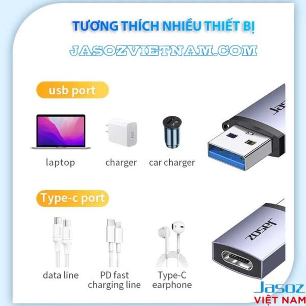 Đầu Chuyển USB 3.2 Gen 2 Sang USB Type C Tốc Độ 10Gbps Vỏ Nhôm Jasoz T-G174 9 Đầu chuyển USB 3.0 sang USB-C Jasoz T-G160 hỗ trợ OTG, sạc nhanh PD, tương thích laptop, củ sạc, sạc ô tô, dây dữ liệu và tai nghe Type-C