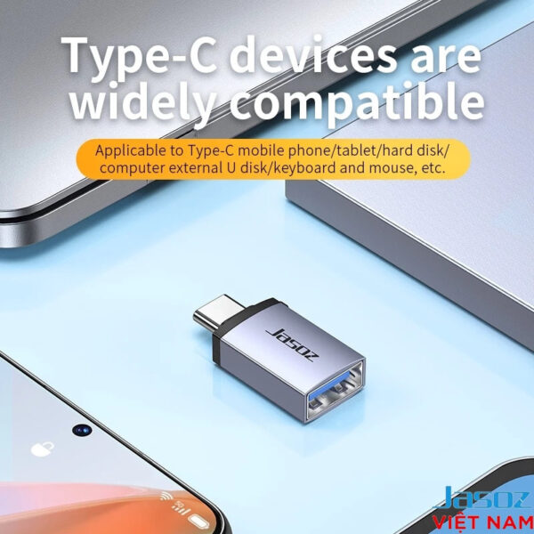 Đầu Chuyển OTG Type-C Sang USB 3.0 Female Jasoz T-G163 — Vỏ Nhôm Có Móc Treo 3 Đầu OTG USB-C sang USB 3.0 Jasoz T-G162 vỏ nhôm, tương thích điện thoại, laptop, tablet, ổ cứng, bàn phím, chuột