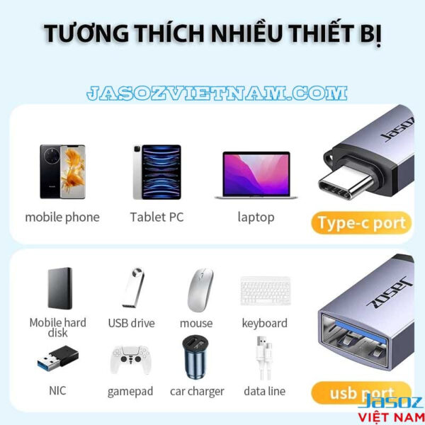 Đầu Chuyển OTG Type-C Sang USB 3.0 Female Jasoz T-G163 — Vỏ Nhôm Có Móc Treo 9 Đầu OTG USB-C sang USB 3.0 Jasoz T-G162 tương thích nhiều thiết bị: điện thoại, laptop, tablet, ổ cứng di động, tay cầm chơi game, chuột, bàn phím, USB drive