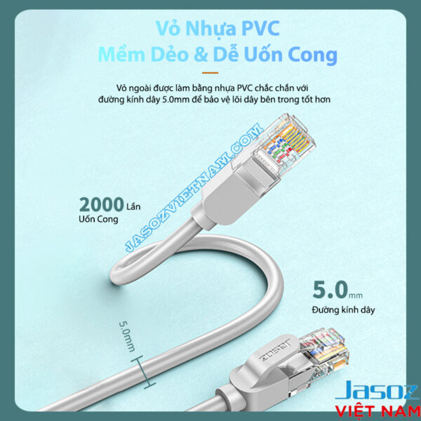 Dây Cáp Mạng Cat 5E Bấm Sẵn 2 Đầu Jasoz E120 5 Dây cáp mạng Cat 5E Jasoz E120 bấm sẵn 2 đầu RJ45, vỏ nhựa PVC mềm dẻo dễ uốn cong, lõi CCA 28AWG. SKU: T-E213 0.5M, T-E214 1M, T-E215 1.5M, T-E216 2M, T-E217 3M, T-E218 5M, T-E219 10M, T-E220 15M, T-E221 20M, T-E222 25M, T-E223 30M.