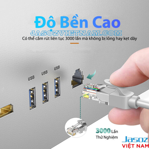 Dây Cáp Mạng Cat 5E Bấm Sẵn 2 Đầu Jasoz E120 4 Dây cáp mạng Cat 5E Jasoz E120 bấm sẵn 2 đầu RJ45, độ bền cao thử nghiệm 3000 lần cắm rút. SKU: T-E213 0.5M, T-E214 1M, T-E215 1.5M, T-E216 2M, T-E217 3M, T-E218 5M, T-E219 10M, T-E220 15M, T-E221 20M, T-E222 25M, T-E223 30M.