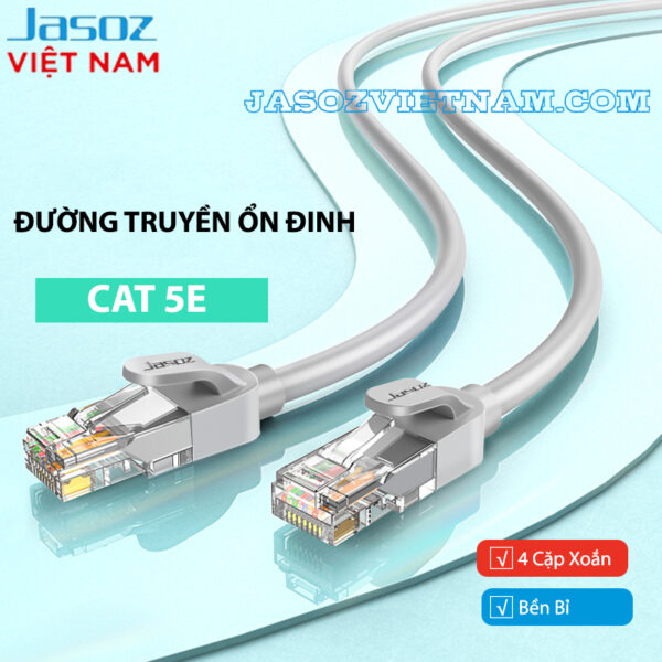 Dây Cáp Mạng Cat 5E Bấm Sẵn 2 Đầu Jasoz E120 1 Dây cáp mạng Cat 5E Jasoz E120 bấm sẵn 2 đầu RJ45, đường truyền ổn định, cấu trúc 4 cặp xoắn bền bỉ. SKU: T-E213 0.5M, T-E214 1M, T-E215 1.5M, T-E216 2M, T-E217 3M, T-E218 5M, T-E219 10M, T-E220 15M, T-E221 20M, T-E222 25M, T-E223 30M.
