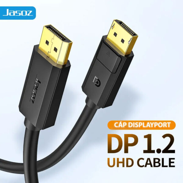 Cáp DisplayPort Jasoz A114 chuẩn DP 1.2 UHD hỗ trợ 4K@60Hz, 2K@144Hz, FHD 1080p. SKU Jasoz T-A190 1M, T-A191 1.5M, T-A192 2M, T-A193 3M, T-A194 5M, T-A195 8M – Đầu cáp mạ vàng, băng thông 10.8Gbps.
