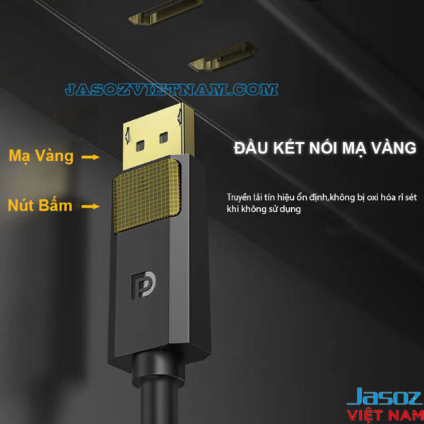 Cáp Chuyển Displayport Sang HDMI Hỗ Trợ 4K@30Hz Jasoz A121 ( Không Chuyển Ngược Lại ) 2 Đầu cáp DisplayPort Jasoz A114 mạ vàng có nút bấm khóa chống tuột, truyền tín hiệu ổn định, không oxy hóa