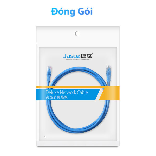 Bao bì đóng gói cáp mạng Cat 6 Jasoz E104 màu xanh, dây lõi đồng 26AWG, đầu RJ45 mạ vàng. SKU: T-E130 0.5M, T-E131 1M, T-E132 1.5M, T-E133 2M, T-E134 3M, T-E135 5M, T-E136 10M, T-E137 15M, T-E138 20M.