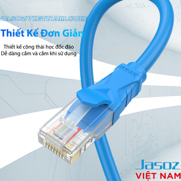 Cáp mạng Cat 6 Jasoz E104 thiết kế công thái học đơn giản, dễ cắm rút, lõi đồng 26AWG, đầu RJ45 mạ vàng. SKU: T-E130 0.5M, T-E131 1M, T-E132 1.5M, T-E133 2M, T-E134 3M, T-E135 5M, T-E136 10M, T-E137 15M, T-E138 20M.