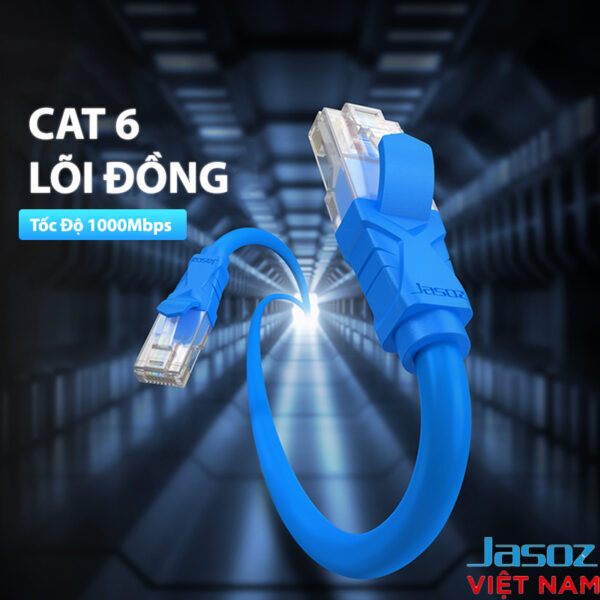 Cáp mạng Cat 6 lõi đồng Jasoz E104 tốc độ 1000Mbps, đầu RJ45 mạ vàng. SKU: T-E130 0.5M, T-E131 1M, T-E132 1.5M, T-E133 2M, T-E134 3M, T-E135 5M, T-E136 10M, T-E137 15M, T-E138 20M.