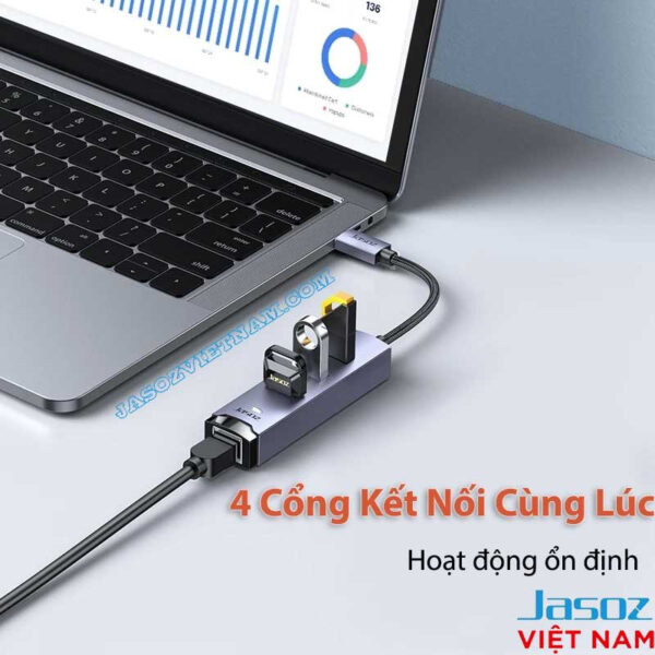 Bộ Chuyển USB-C Sang LAN 1Gbps Kèm 3 Cổng USB 3.0 Vỏ Nhôm Cao Cấp Jasoz T-F137 5 Bộ Chuyển USB Sang LAN RJ45 1Gbps Kèm 3 Cổng USB 3.0 Jasoz T-F136 F114 Cắm Laptop Sử Dụng 4 Thiết Bị Cùng Lúc