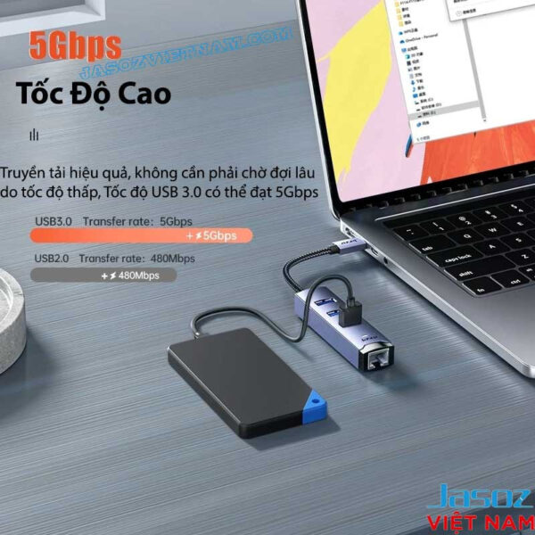 Bộ Chuyển USB-C Sang LAN 1Gbps Kèm 3 Cổng USB 3.0 Vỏ Nhôm Cao Cấp Jasoz T-F137 4 Bộ Chuyển USB Sang LAN RJ45 Gigabit 1Gbps Kèm 3 Cổng USB 3.0 Jasoz T-F136 F114 Truyền Tải 5Gbps