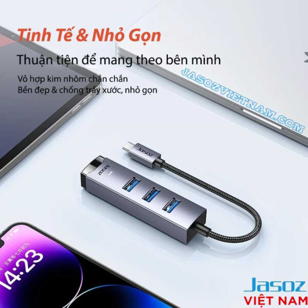 Bộ Chuyển USB-C Sang LAN 1Gbps Kèm 3 Cổng USB 3.0 Vỏ Nhôm Cao Cấp Jasoz T-F137 3 Bộ Chuyển USB Sang LAN RJ45 1Gbps Kèm 3 Cổng USB 3.0 Jasoz T-F136 F114 Vỏ Nhôm Nhỏ Gọn Mang Theo Laptop