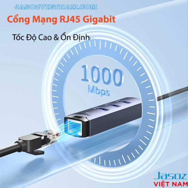 Bộ Chuyển USB-C Sang LAN 1Gbps Kèm 3 Cổng USB 3.0 Vỏ Nhôm Cao Cấp Jasoz T-F137 6 Bộ Chuyển USB Sang LAN RJ45 Gigabit 1000Mbps Jasoz T-F136 F114 Kèm 3 Cổng USB 3.0 Vỏ Nhôm