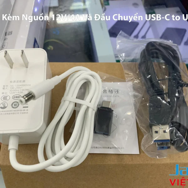 Phụ kiện Hub USB 3.0 Jasoz T-F165 gồm nguồn 12V 4A, dây cáp USB và đầu chuyển USB-C sang USB