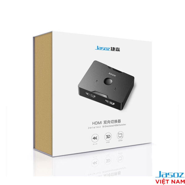 Vỏ hộp Bộ chia HDMI 1 ra 2 và 2 vào 1 Jasoz G128 T-G147 hỗ trợ 4K@60Hz, 3D, HDCP 2.0, hoạt động 2 chiều