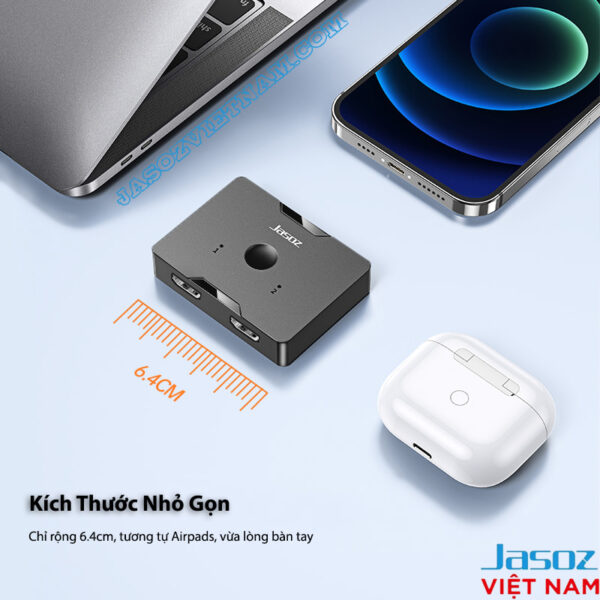 G128 Kích thước Bộ chia HDMI 1 ra 2 và 2 vào 1 Jasoz T-G147 hỗ trợ 4K@60Hz, nhỏ gọn 6.4cm, tương đương AirPods