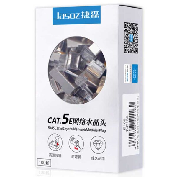 Hạt Mạng CAT5E Bọc Nhôm Mạ Vàng 3U Hộp 100C Jasoz T-E159 1 Hộp 100 hạt mạng CAT5E Jasoz T-E159 bọc nhôm, chân tiếp xúc mạ vàng 3U, chống nhiễu, bền bỉ