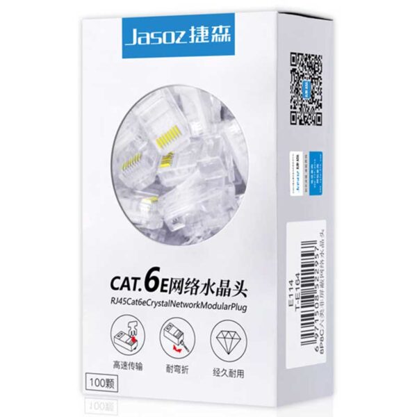 Hộp 100 hạt mạng RJ45 Cat6 Jasoz T-E164 chân đồng mạ vàng 1U