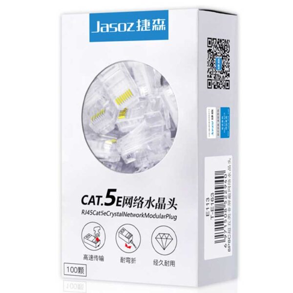 Hạt Mạng RJ45 CAT5e Hộp 100C Chân Đồng Mạ Vàng 1U Jasoz T-E163 1 Hộp hạt mạng RJ45 CAT5e Jasoz T-E163 chân đồng mạ vàng 1U (100 cái)