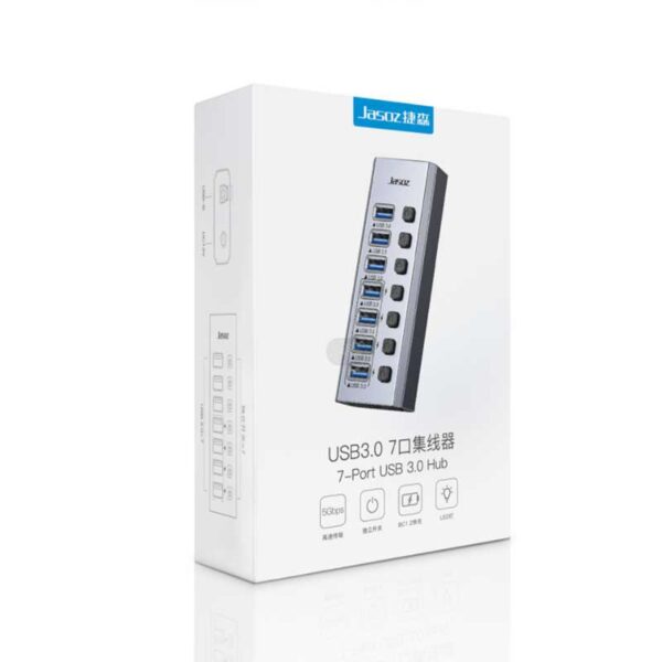 Hộp sản phẩm Bộ chia USB 3.0 Jasoz T-F164 – Hub 7 cổng, công tắc riêng, nguồn phụ 12V2A
