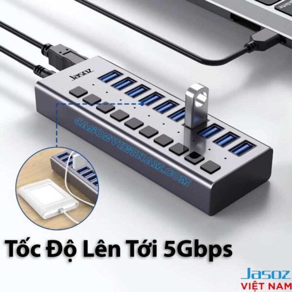 Bộ chia USB 3.0 Jasoz T-F164 7 cổng, tốc độ 5Gbps, công tắc riêng, kèm nguồn phụ 12V2A dùng cho laptop