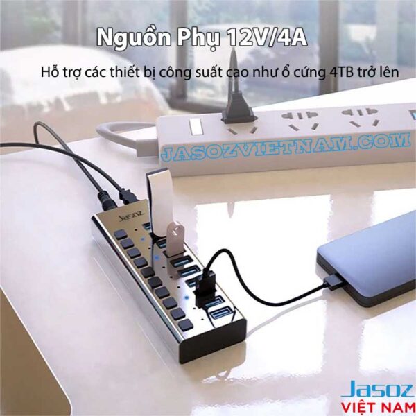 Bộ chia USB 3.0 Jasoz T-F164 có nguồn phụ 12V/4A, hỗ trợ ổ cứng dung lượng lớn 4TB trở lên