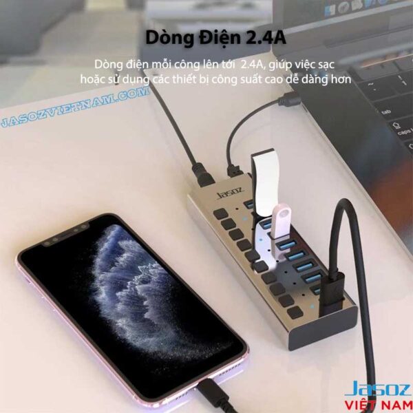 Bộ chia USB 3.0 Jasoz T-F164 7 cổng, hỗ trợ sạc nhanh 2.4A cho điện thoại và thiết bị công suất cao