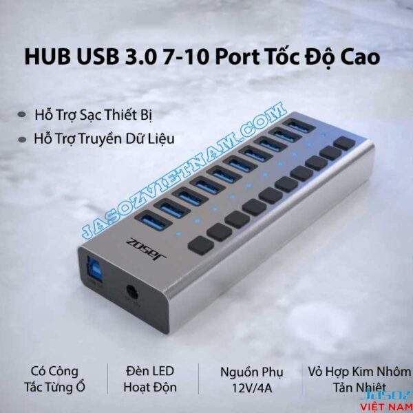 Hub USB 3.0 Jasoz 7-10 cổng tốc độ cao, công tắc riêng từng cổng, đèn LED, nguồn phụ 12V/4A, vỏ hợp kim nhôm
