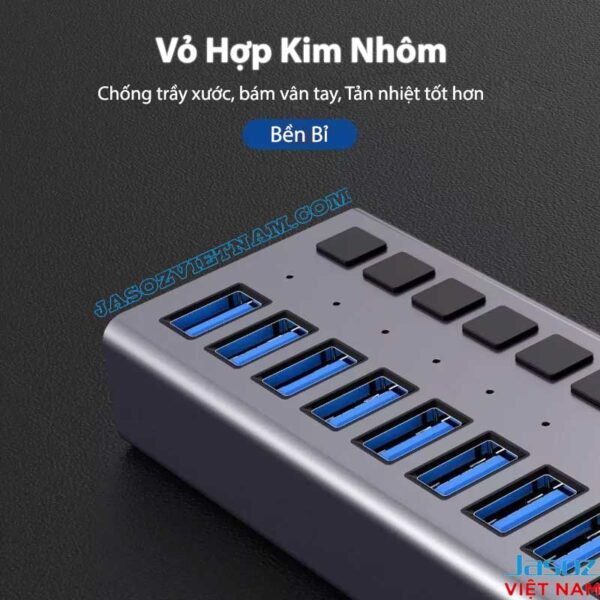 Vỏ hợp kim nhôm của Hub USB 3.0 Jasoz T-F164/T-F165 – chống trầy xước, tản nhiệt tốt, bền bỉ