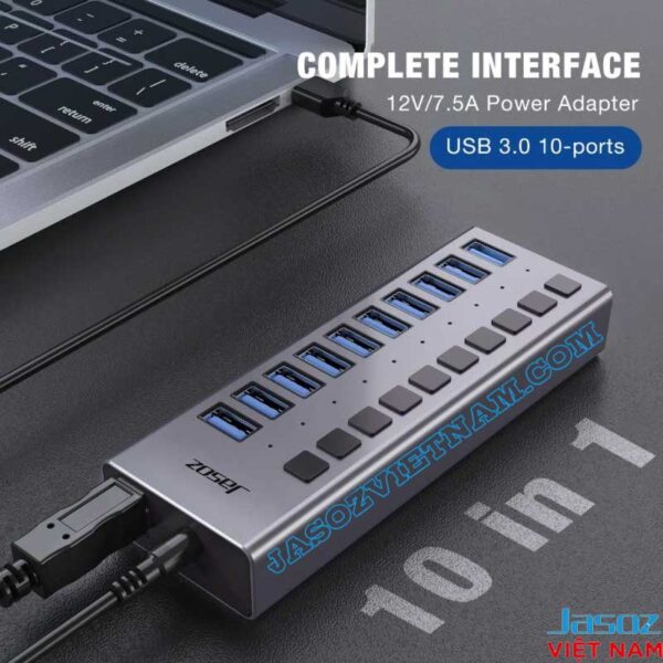 Hub USB 3.0 Jasoz T-F165 10 cổng, tốc độ cao, nguồn phụ 12V/7.5A, vỏ nhôm cao cấp