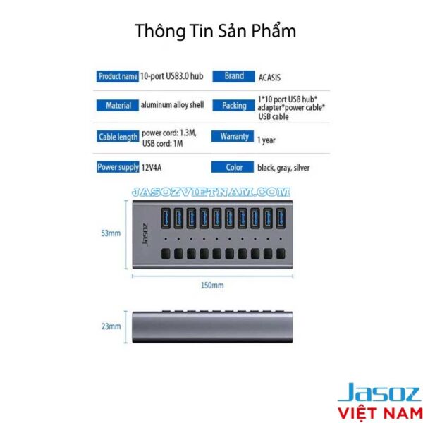 Thông số kỹ thuật Hub USB 3.0 Jasoz T-F165 10 cổng, nguồn phụ 12V/4A, vỏ hợp kim nhôm, kích thước 150x53x23mm