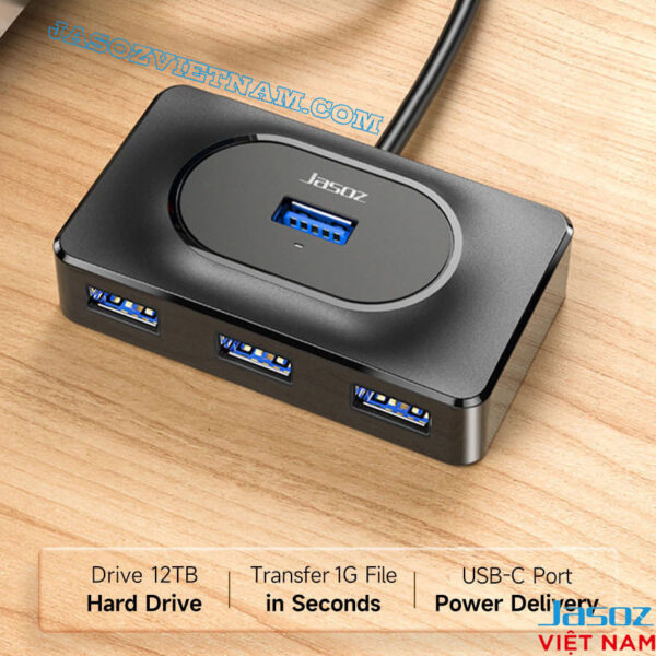 Bộ Chia Cổng USB-C Sang 4 Cổng USB 3.0 Jasoz F113 5 Hub USB 3.0 Jasoz F110 hỗ trợ ổ cứng 12TB, truyền dữ liệu 5Gbps, cấp nguồn USB-C