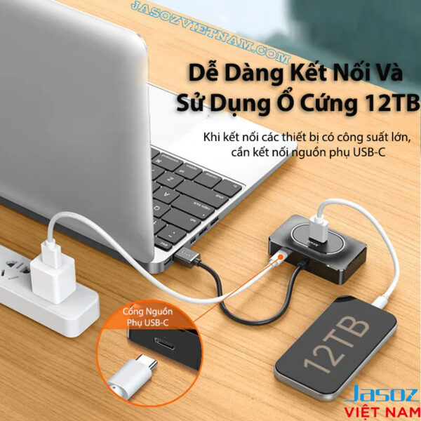 Bộ Chia Cổng USB-C Sang 4 Cổng USB 3.0 Jasoz F113 3 Hub USB 3.0 Jasoz F110 hỗ trợ kết nối ổ cứng ngoài 12TB qua nguồn phụ USB-C