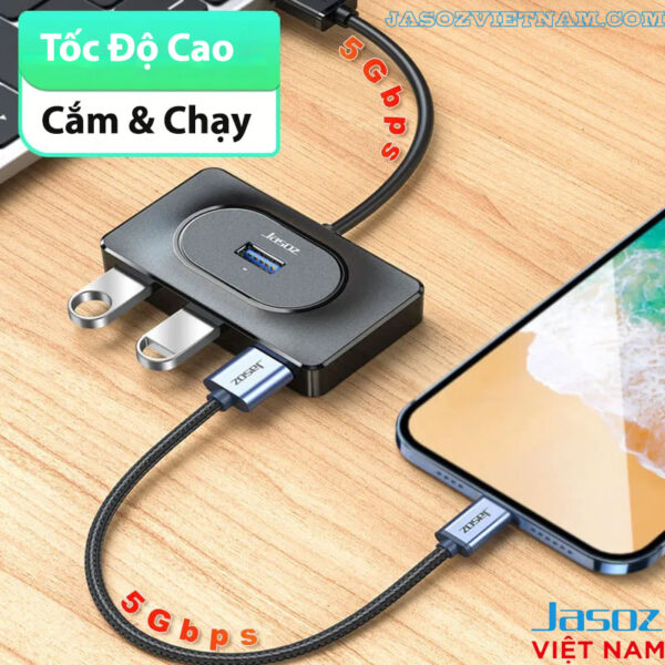 Bộ Chia Cổng USB-C Sang 4 Cổng USB 3.0 Jasoz F113 1 Hub USB 3.0 Jasoz F110 tốc độ 5Gbps, cắm và chạy, truyền dữ liệu nhanh chóng