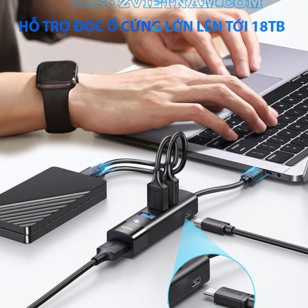 Hub USB 3.0 Jasoz F116 4 cổng có nguồn phụ USB Type-C, hỗ trợ đọc ổ cứng lớn 18TB, tốc độ 5Gbps