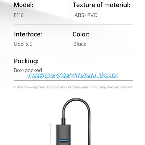 Thông số kỹ thuật Hub USB 3.0 Jasoz F116, 4 cổng tốc độ 5Gbps, chất liệu ABS+PVC, màu đen, thiết kế nhỏ gọn