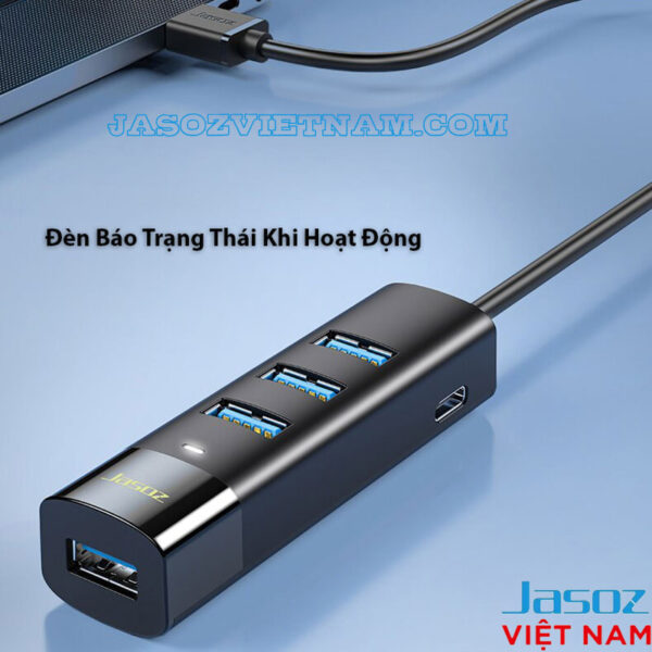 Hub USB 3.0 Jasoz F116 có đèn báo trạng thái hoạt động, 4 cổng tốc độ cao 5Gbps, hỗ trợ nguồn phụ Type-C