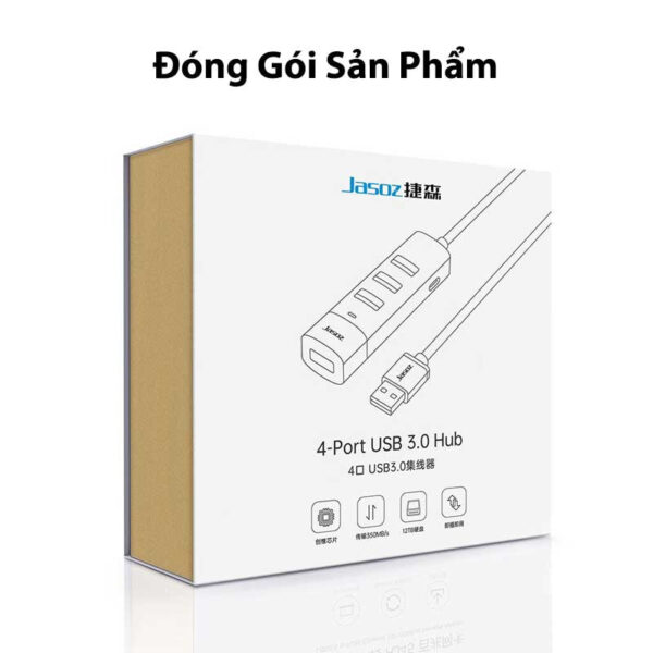 Đóng gói sản phẩm Hub USB 3.0 Jasoz F116 chính hãng, hộp giấy in logo Jasoz, thiết kế bảo vệ an toàn khi vận chuyển