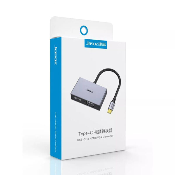 Hub USB-C Sang HDMI Và VGA Hỗ Trợ Xuất 2 Màn Cùng Lúc Cao Cấp Jasoz T-H105 1 Hộp Hub USB-C sang HDMI và VGA Jasoz T-H105 hỗ trợ xuất 2 màn hình Full HD 1080P, HDMI 4K@30Hz, VGA 1080P@60Hz, chip Realtek EP9631G.