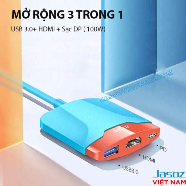 Hub USB Type C Sang HDMI 4K@30Hz +USB 3.0 +PD100W Jasoz T-H106 2 Hub USB Type C Sang HDMI 4K + USB 3.0 + PD 100W Jasoz T-H106 – Mở Rộng 3 Trong 1