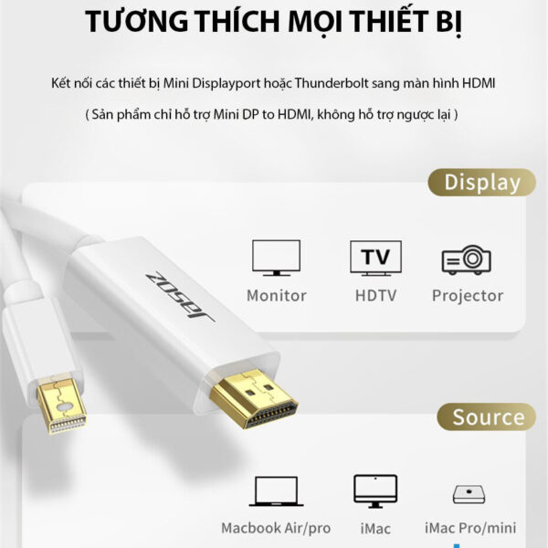 Cáp Mini DisplayPort to HDMI Dài 1.5M Jasoz G108 T-G110 5 Cáp Mini DisplayPort to HDMI Jasoz G108 tương thích MacBook Air/Pro, iMac, iMac Pro/Mini, Surface – kết nối ra HDTV, Monitor, Projector. SKU: T-G110 1.5M, T-G111 2M, T-G112 3M