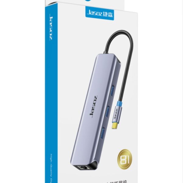 Hub USB-C 8 in 1 Hỗ Trợ HDMI 4K+ RJ45 Gigabit+ USB 3.0+SD/TF+PD 100W Jasoz T-H112 2 Hộp đóng gói Hub USB-C 8-in-1 Jasoz T-H112 hỗ trợ HDMI 4K, RJ45, USB 3.0, SD/TF, PD 100W