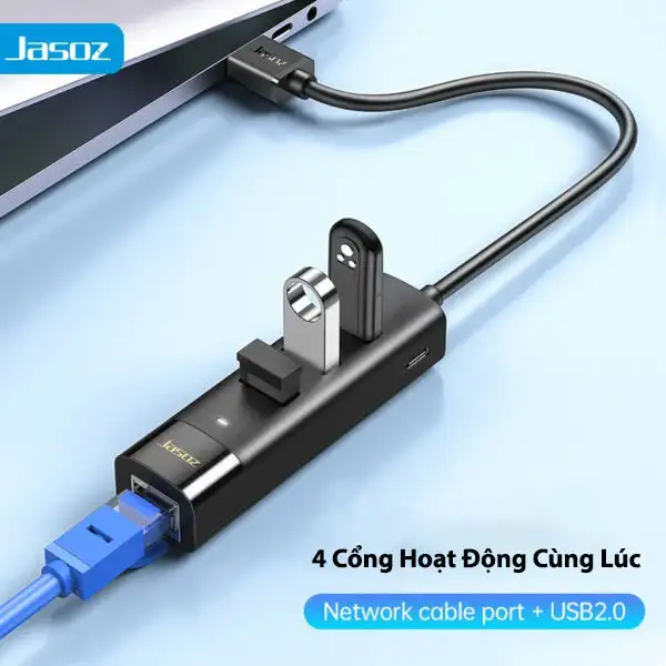 Hub USB-C sang LAN Jasoz T-F115 100Mbps kèm 3 cổng USB 2.0, hỗ trợ kết nối nhiều thiết bị cùng lúc