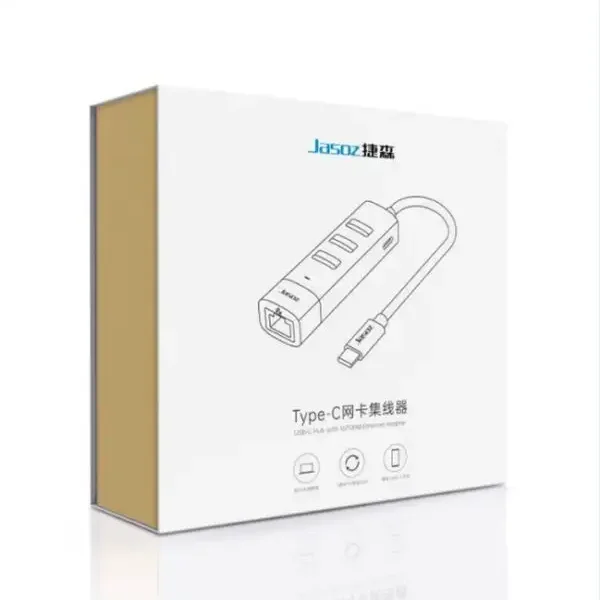 Hộp đóng gói Hub USB-C sang LAN Jasoz T-F115 kèm 3 cổng USB 2.0