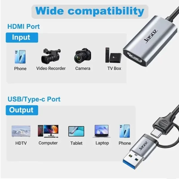Cáp Ghi Hình Livestream HDMI Sang USB-A/USB-C 4K Input 1080P Jasoz T-G158 1 Cáp ghi hình HDMI sang USB/Type-C Jasoz T-G158 – hỗ trợ đa thiết bị: máy quay, camera, TV Box, HDTV, Laptop, Table