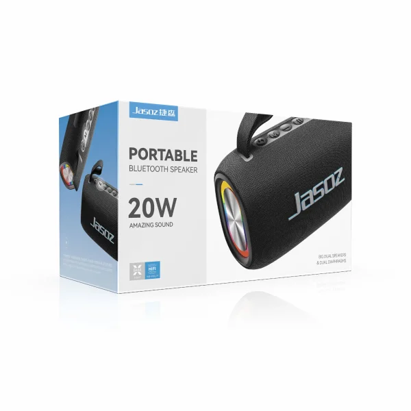 Hộp sản phẩm Loa Bluetooth Jasoz T-K162 công suất 20W, Bluetooth 5.2, pin 4000mAh, chống nước mưa, hỗ trợ TWS stereo