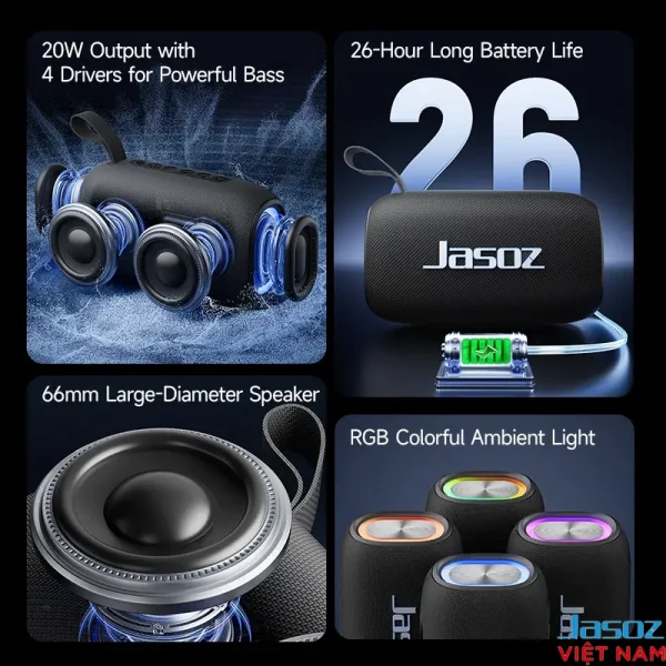 Loa Bluetooth Jasoz T-K162 công suất 20W với 4 drivers cho bass mạnh, pin 26 giờ, loa kép 66mm và đèn RGB nhiều màu