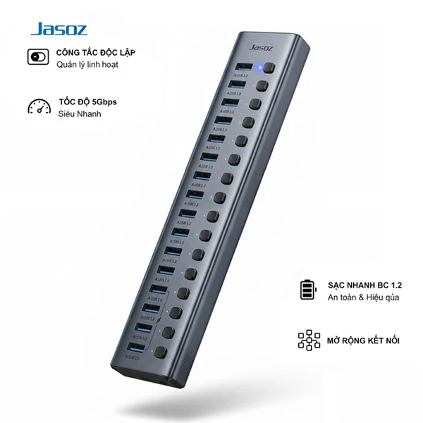 Bộ chia 16 cổng USB 3.0 có công tắc độc lập Jasoz T-F173 tốc độ 5Gbps kèm nguồn 12V