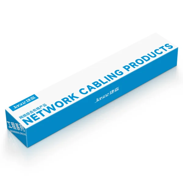 Hộp đóng gói Jasoz Network Cabling Engineering Series màu xanh trắng, nhãn song ngữ Trung-Anh, hộp dài cho phụ kiện rack 19 inch