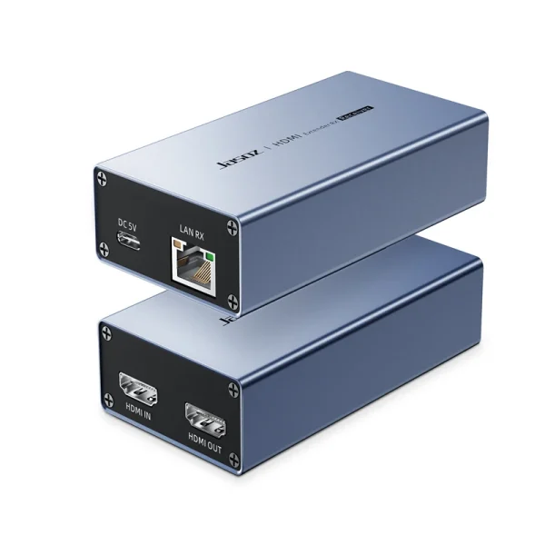 Bộ mở rộng HDMI 150M Jasoz T-G201 — vỏ nhôm xám đen, cổng HDMI IN/OUT, LAN RJ45, nguồn Type-C